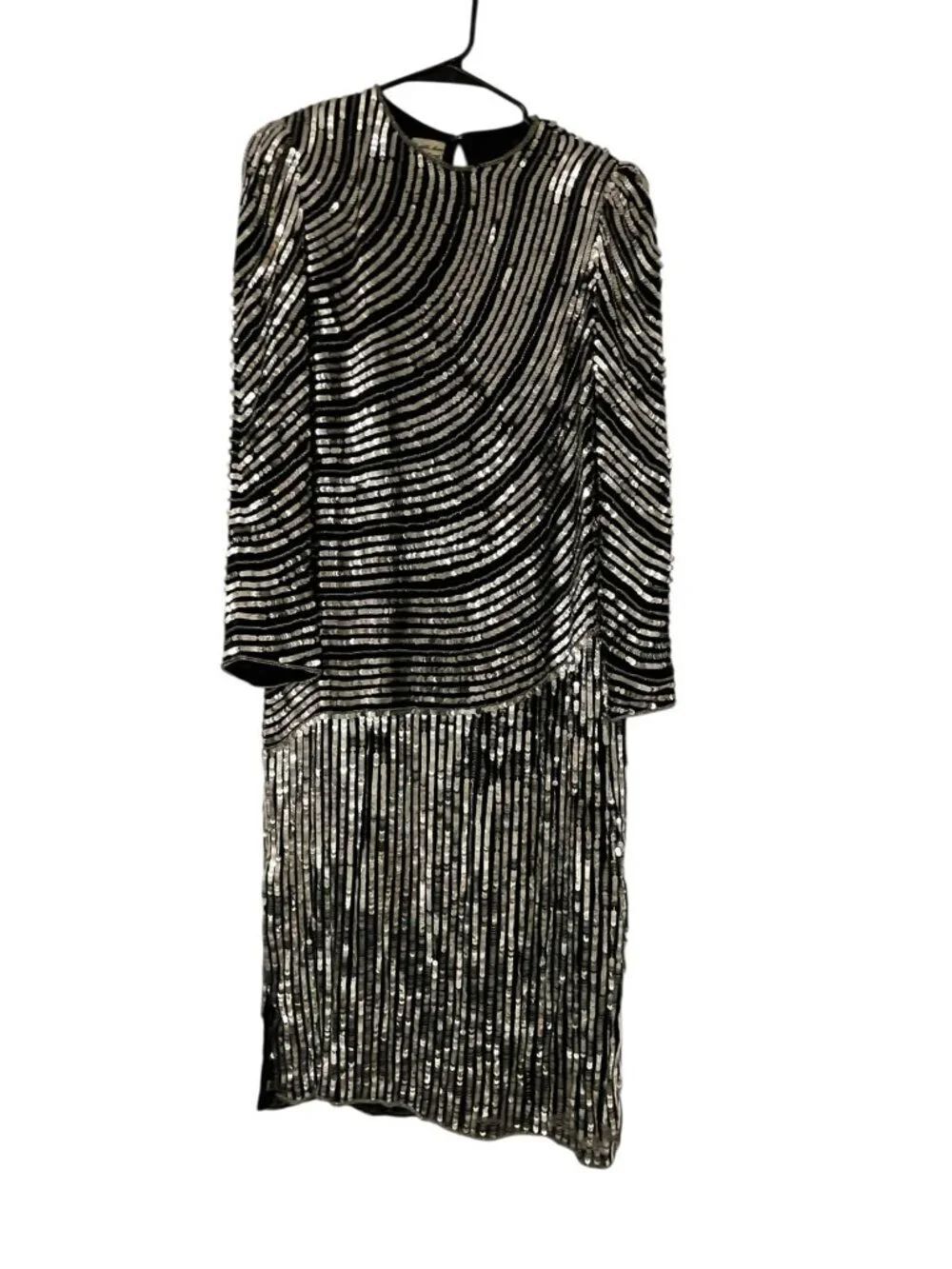 Vintage Dress Judith Ann Creations Women Sequin Silk Evening Size M Black Silver
